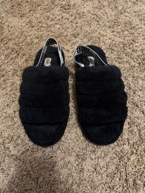 UGG Black Fuzzy Slide Slingback Slippers with Branded Elastic